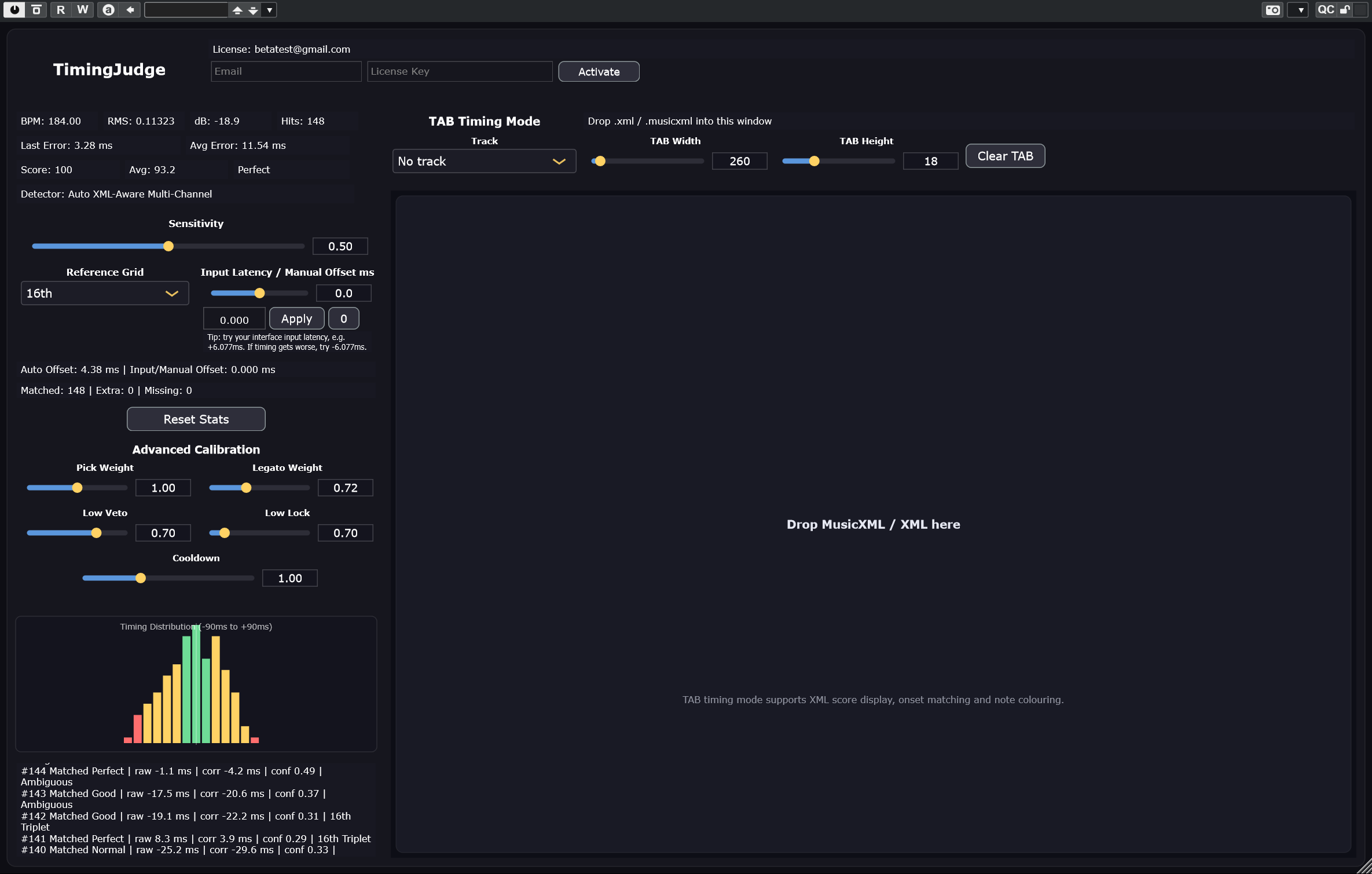 Timing Judge plugin interface showing BPM, score, timing distribution, and analysis controls